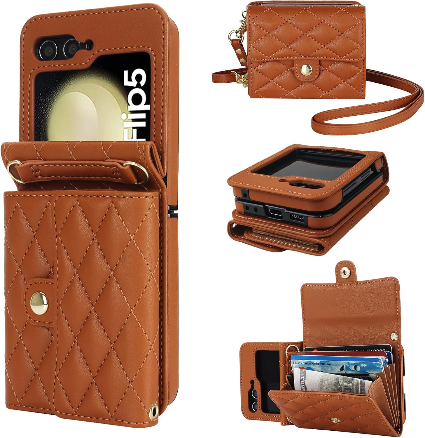 KIHUWEY Funda tipo cartera para Samsung Galaxy Z Flip 5, bolso cruzado con ranura para tarjeta de crédito, bloqueo RFID, correa ajustable de piel