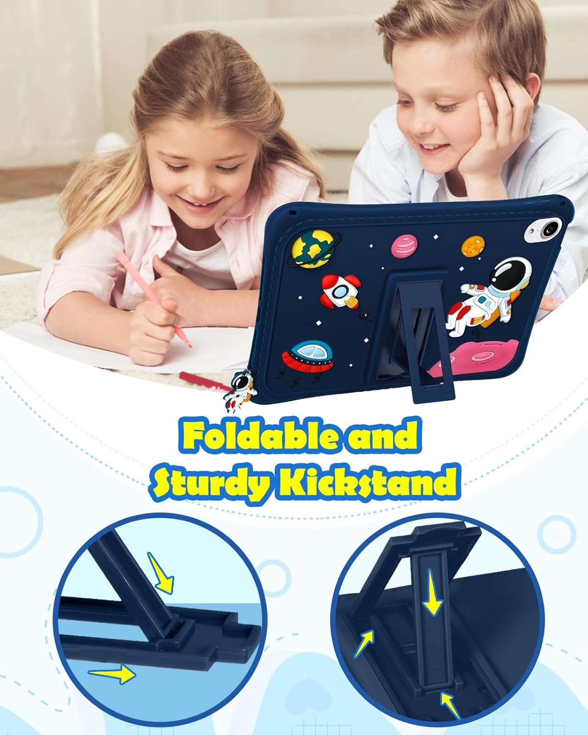 Funda para iPad Mini 6. generación, Mini 6 2021 con soporte, lindo diseño de dibujos animados planeta espacio exterior para hombres espaciales con