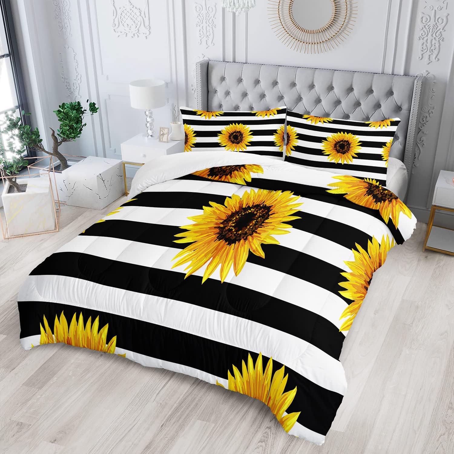 AILONEN Juego de edredón de girasol, tamaño Queen, juego de cama de flores a rayas blancas y negras, juego de cama de flores amarillas superior,