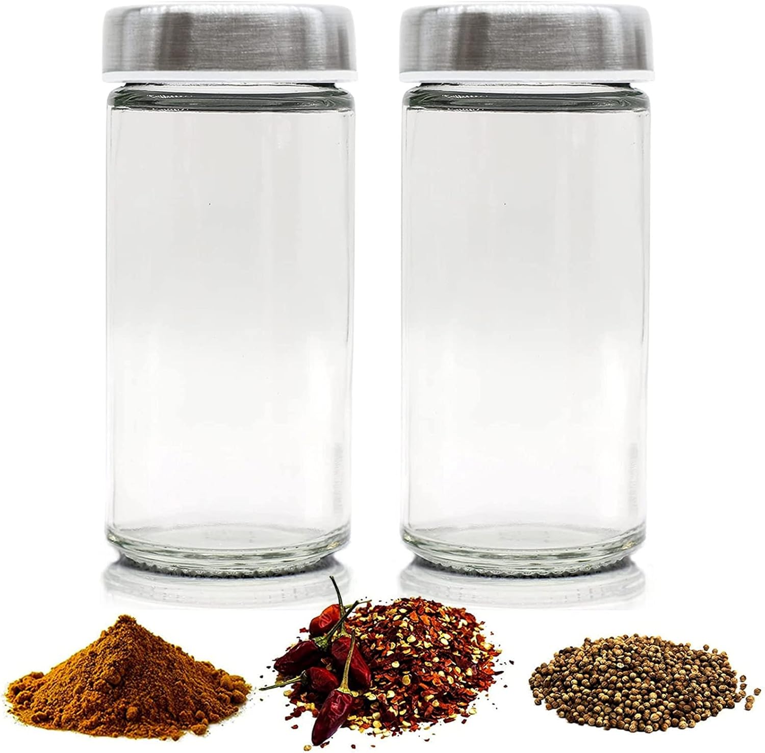2 tarros de especias plateados, recipientes redondos vacíos de 3 onzas con tapas de metal herméticas con tapas de coctelera (2, transparentes)