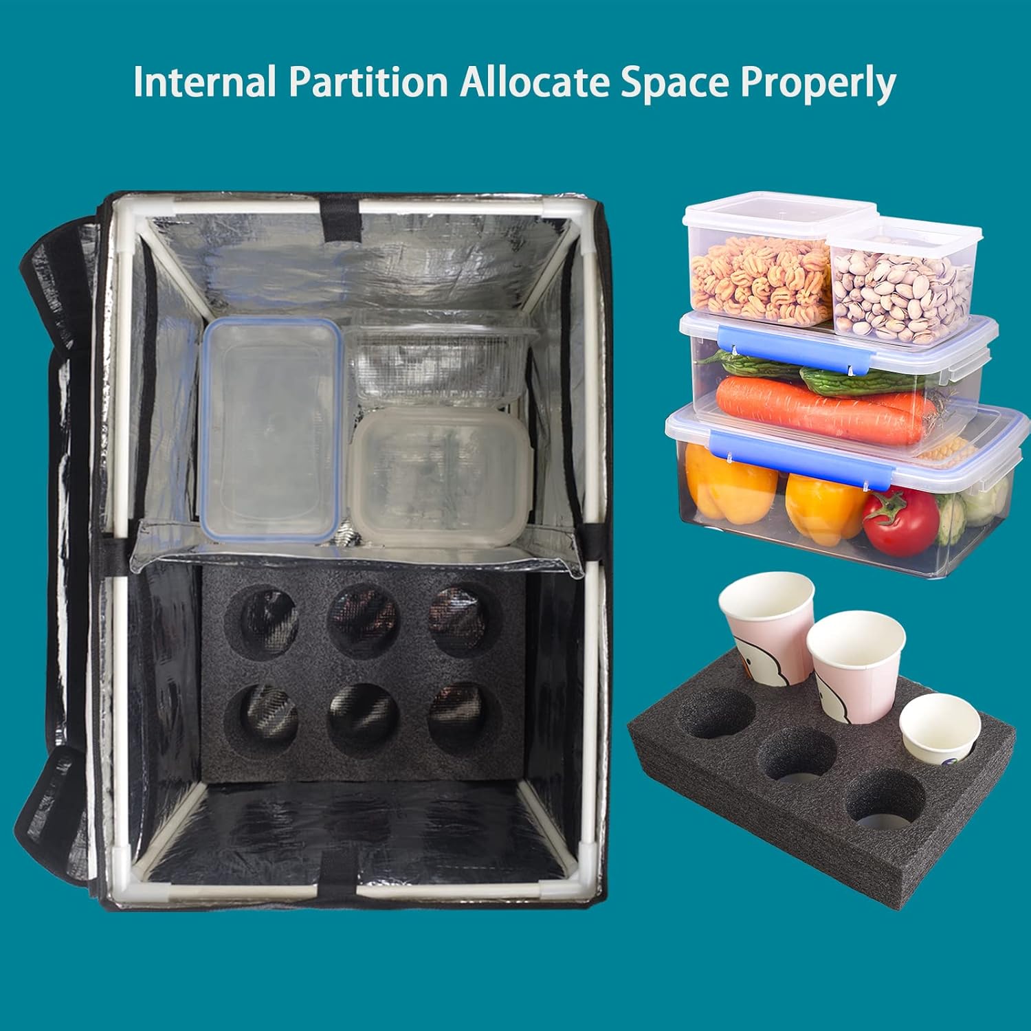 YINFEI Bolsa aislada para entrega de alimentos con base fija y marco interno, bolsa plegable impermeable para entrega de alimentos para catering,