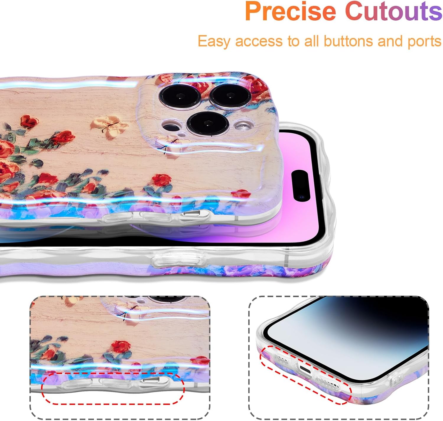 EYZUTAK Funda para iPhone 12 Pro Max, colorida pintura al óleo retro impresa flor patrón brillante láser lindo borde ondulado rizado exquisita