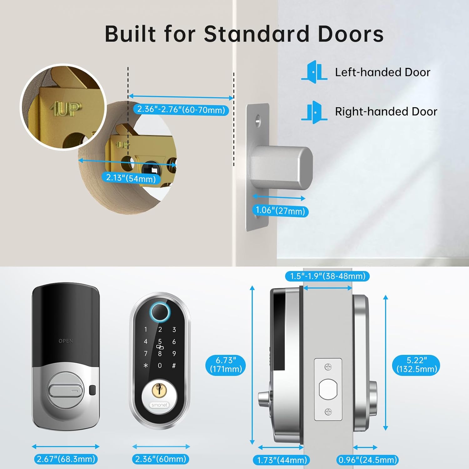 smonet Pro Smart Fingerprint – Juego de cerraduras para puerta delantera, biométrico, pantalla táctil, Bluetooth, electrónica, con asa, para el
