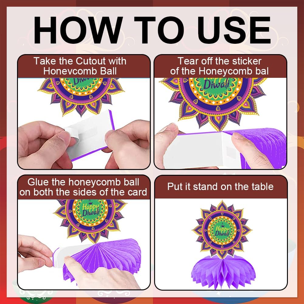 9 piezas de centros de mesa Happy Diwali Honeycomb Centerpieces Diwali Decoración de lámpara de aceite, centro de mesa Deepavali Candle Toppers para