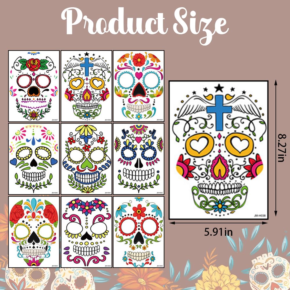 Hying 9 tatuajes temporales del Día de los Muertos, tatuajes de esqueleto de Halloween, tatuajes faciales de calavera floral de azúcar, calcomanías