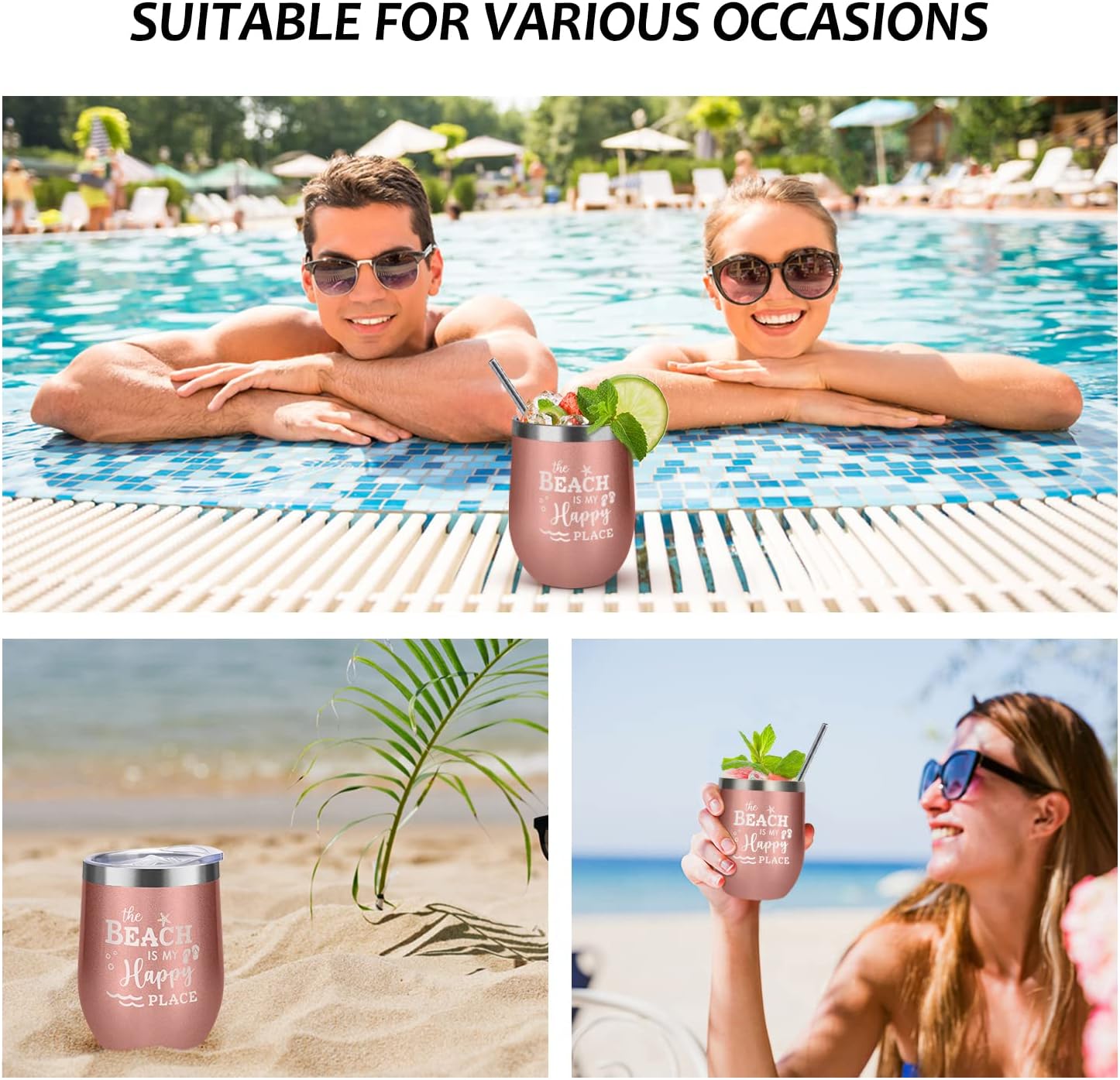 Regalos de playa para mujeres, vaso aislado de playa con tapa y pajilla, ideas de regalos temáticos de playa, vaso de vino con temática de playa de