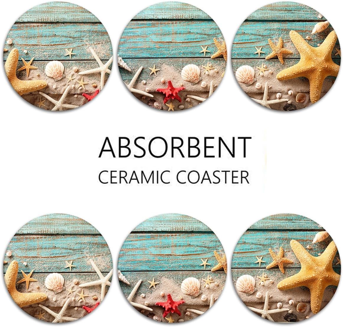 Bribay Juego de 6 posavasos para bebidas, diseño de estrellas de mar y conchas de mar, color azul playa, absorbente, con base de corcho y soporte de