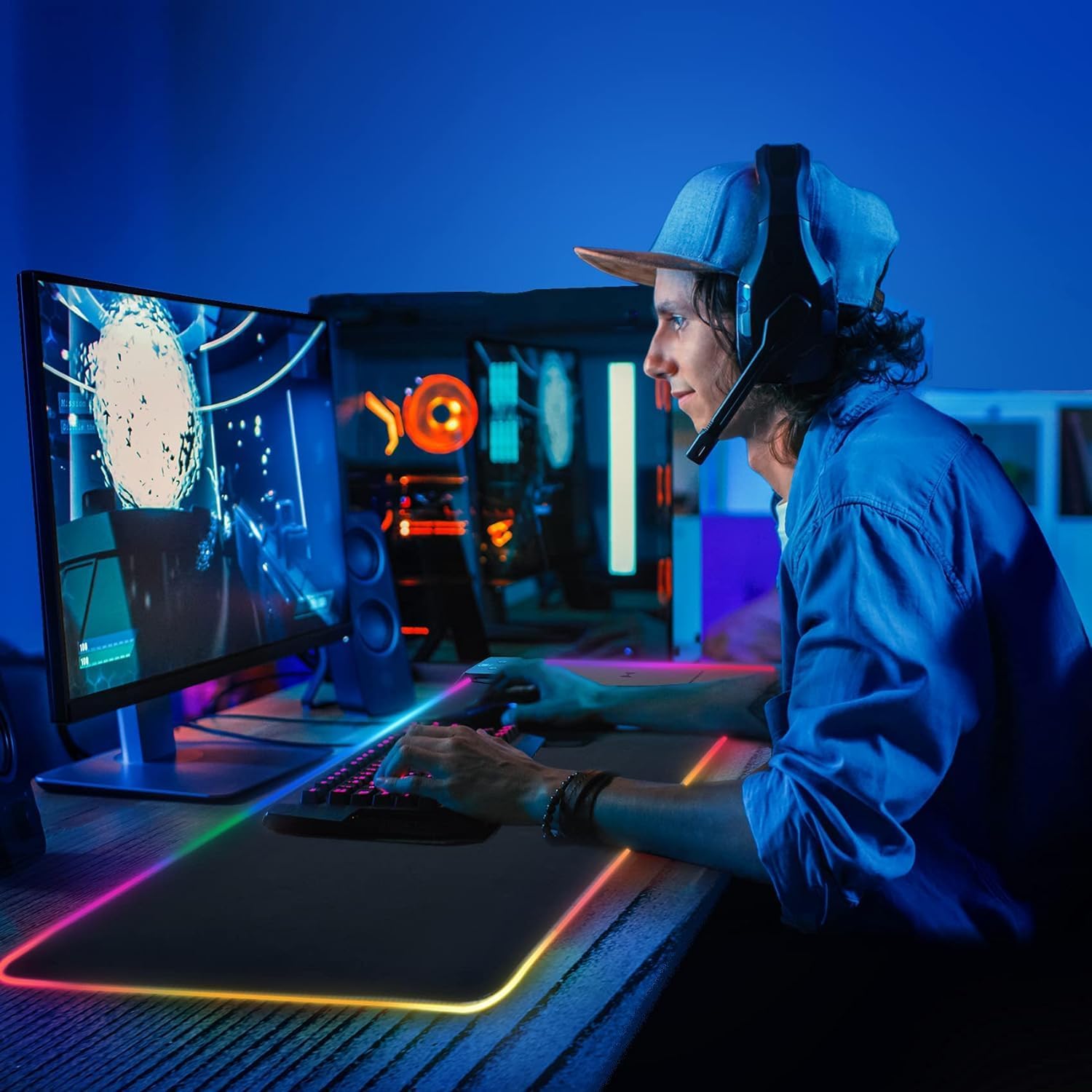 Alfombrilla de mouse LED, alfombrilla de mouse para juegos con carga inalámbrica, alfombrilla de escritorio grande, 10 colores de luz RGB,