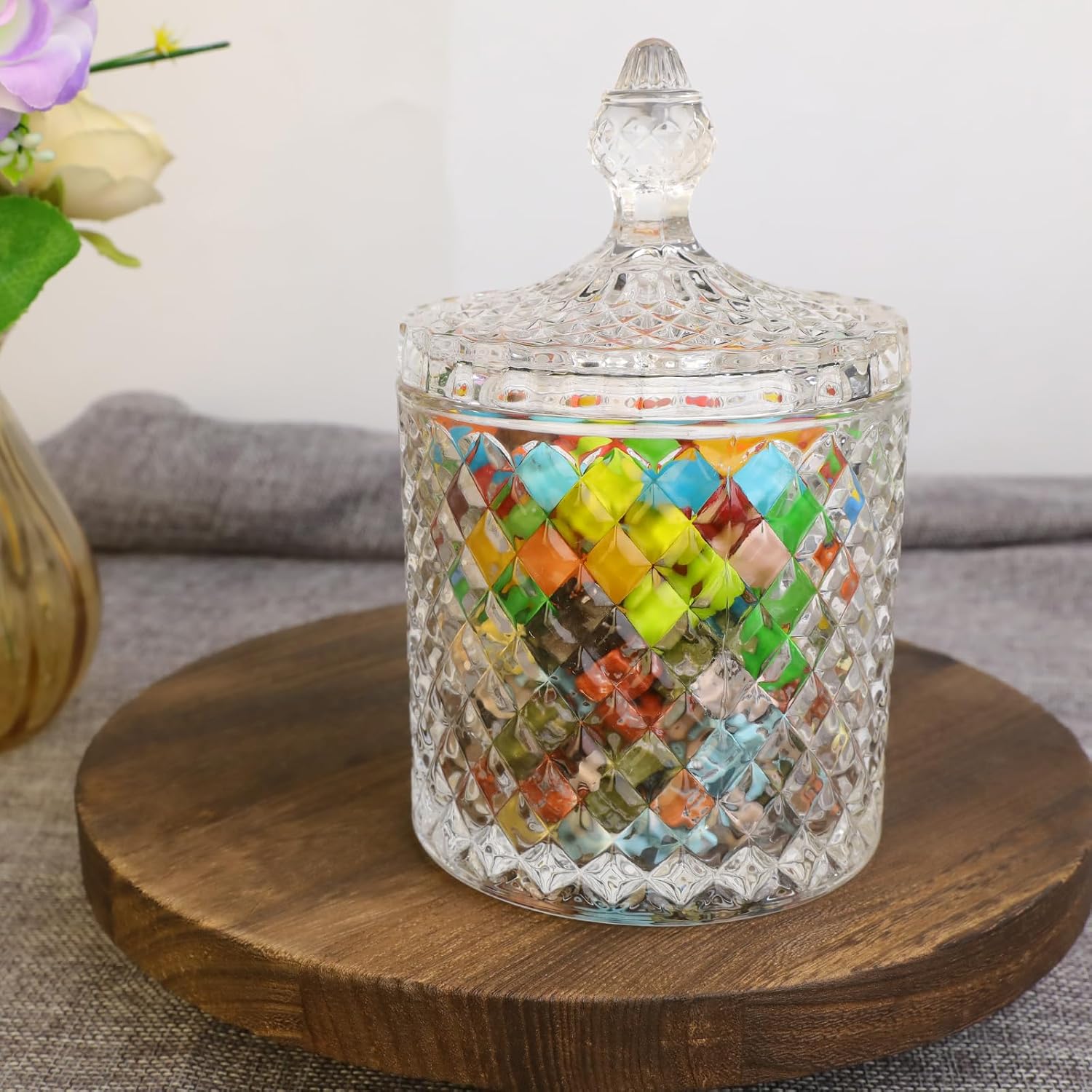 INFTYLE Plato de cristal para dulces con tapa, 1 pieza de 20 onzas, tarro de cristal grande para caramelos, caja de joyería, plato Dappen, tarro de