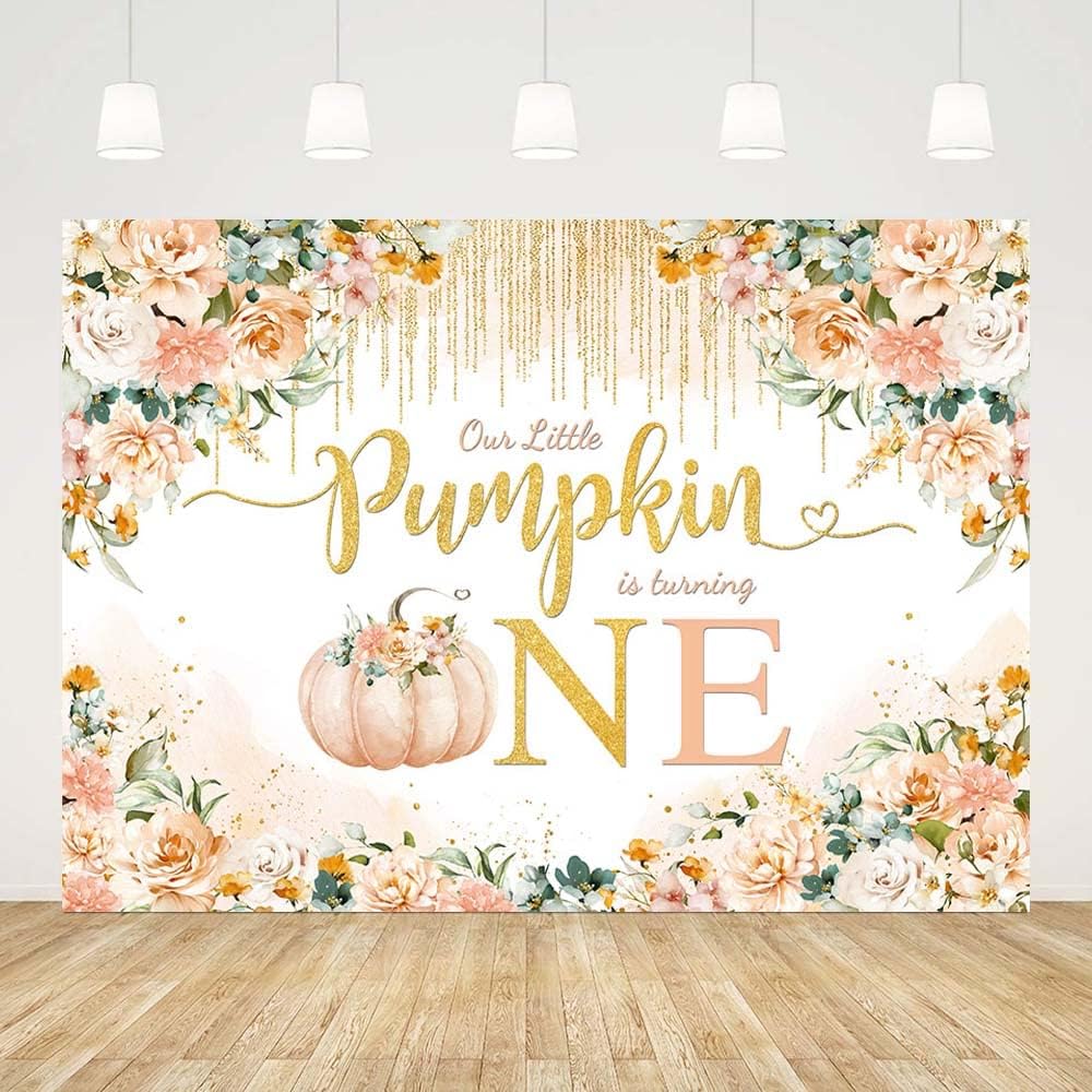 Telón de fondo de calabaza para primer cumpleaños de niñas de 7 x 5 pies para otoño, otoño, naranja, calabaza, floral, primer cumpleaños,