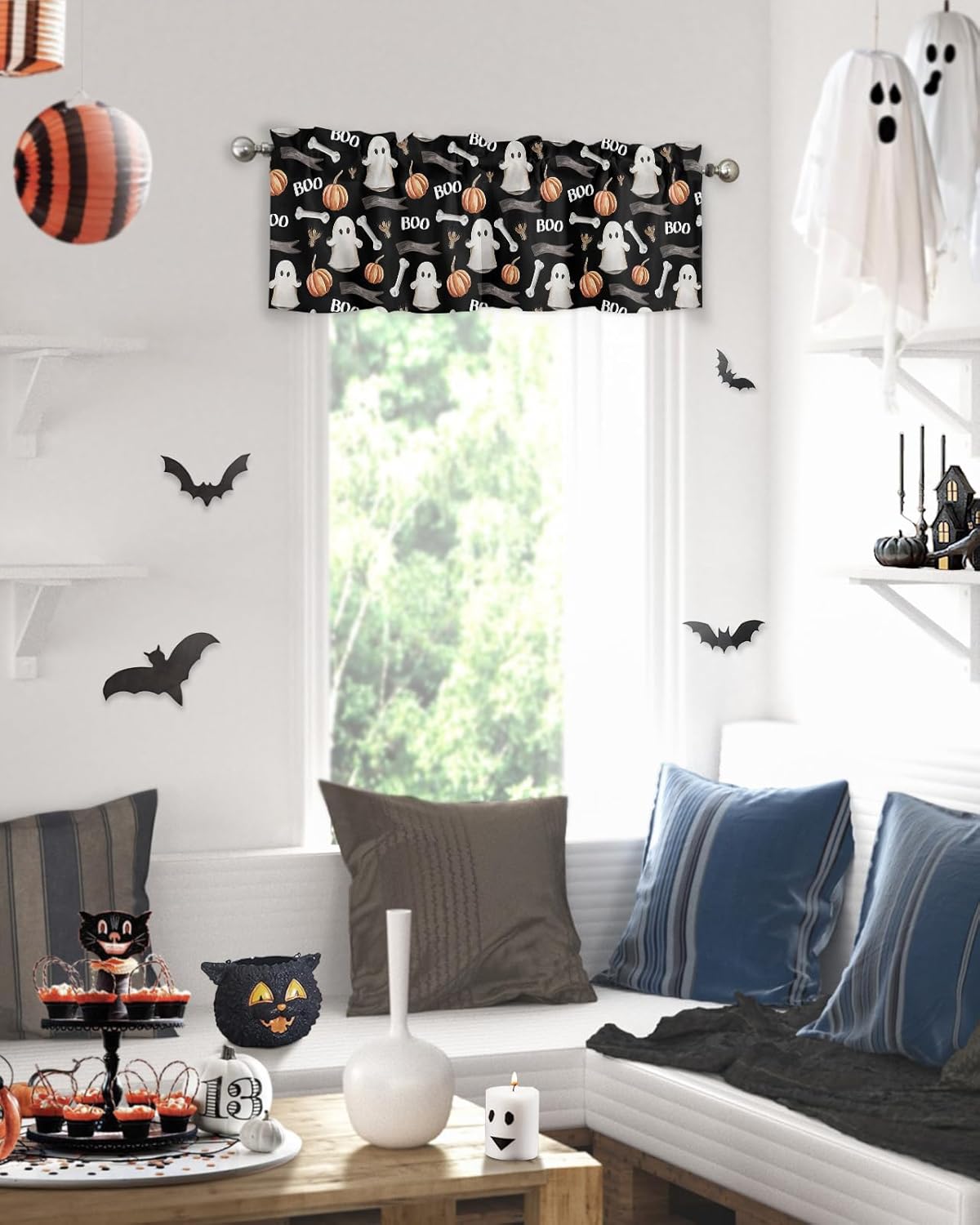 Cortinas de cocina para ventanas, cenefas de Halloween con rama de hueso fantasma, calabaza, color negro, cenefa de cortina con bolsillo para barra,