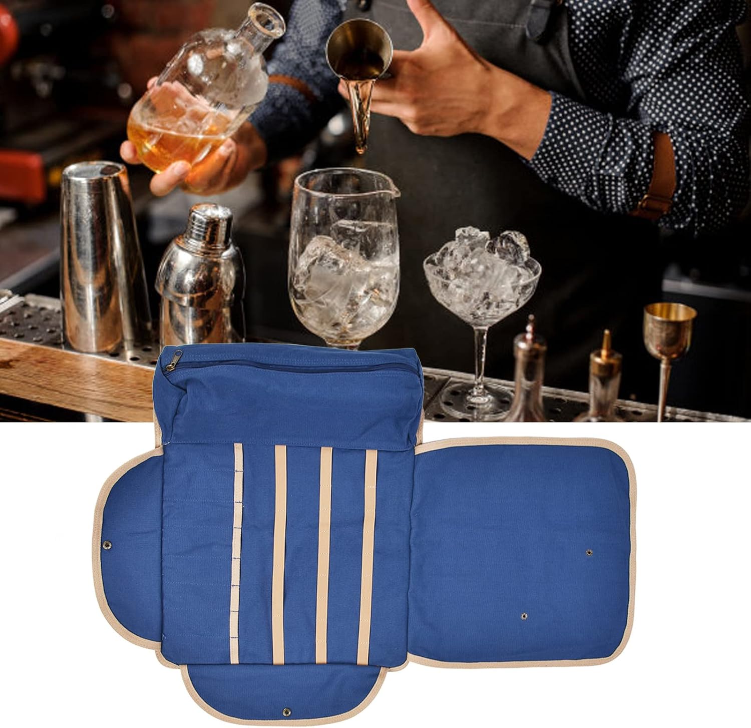 Juego de coctelera para camarero, bolsa de viaje, kit de camarero, bolsa enrollable con correa para el hombro para hacer cócteles en casa, trabajo,