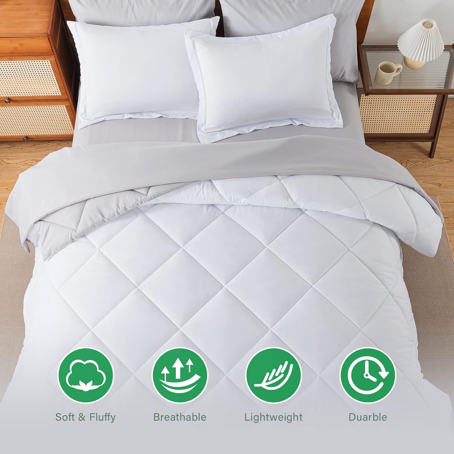 Cosybay Bed in a Bag – Juego de edredón reversible de 7 piezas para todas las estaciones, color blanco y gris claro con edredón, fundas de almohada,