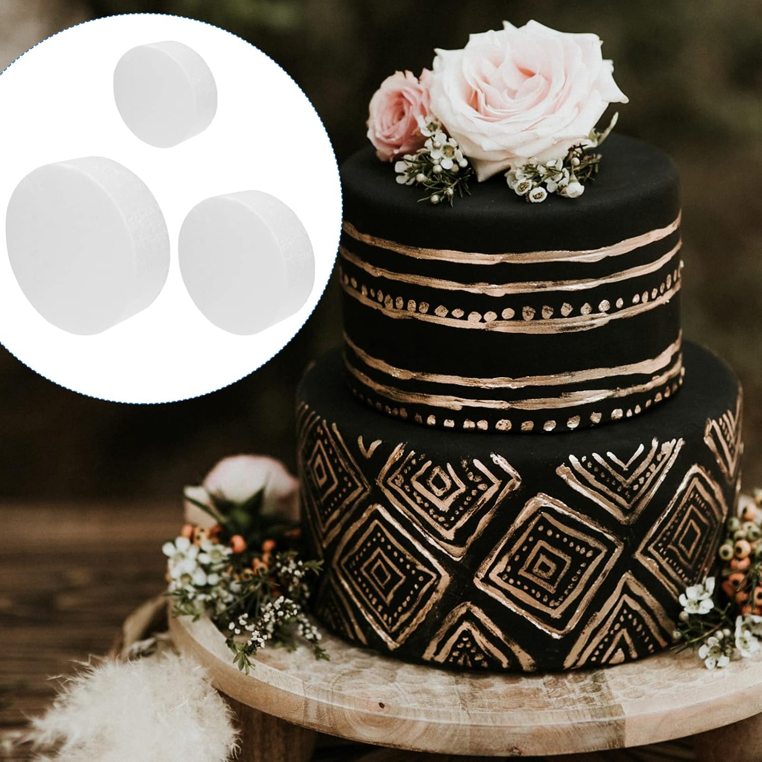 UPKOCH Decoración de boda, 3 piezas de espuma redonda, juego de simulación falsa para tartas de espuma de poliestireno para pasteles de boda,
