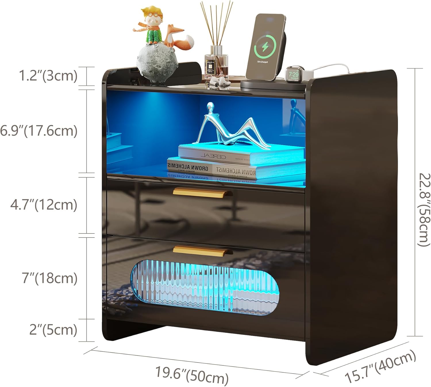 dnbss Mesita de noche RGB con estación de carga, moderna mesita de noche con cajones de almacenamiento de joyas, mesita de noche inteligente para