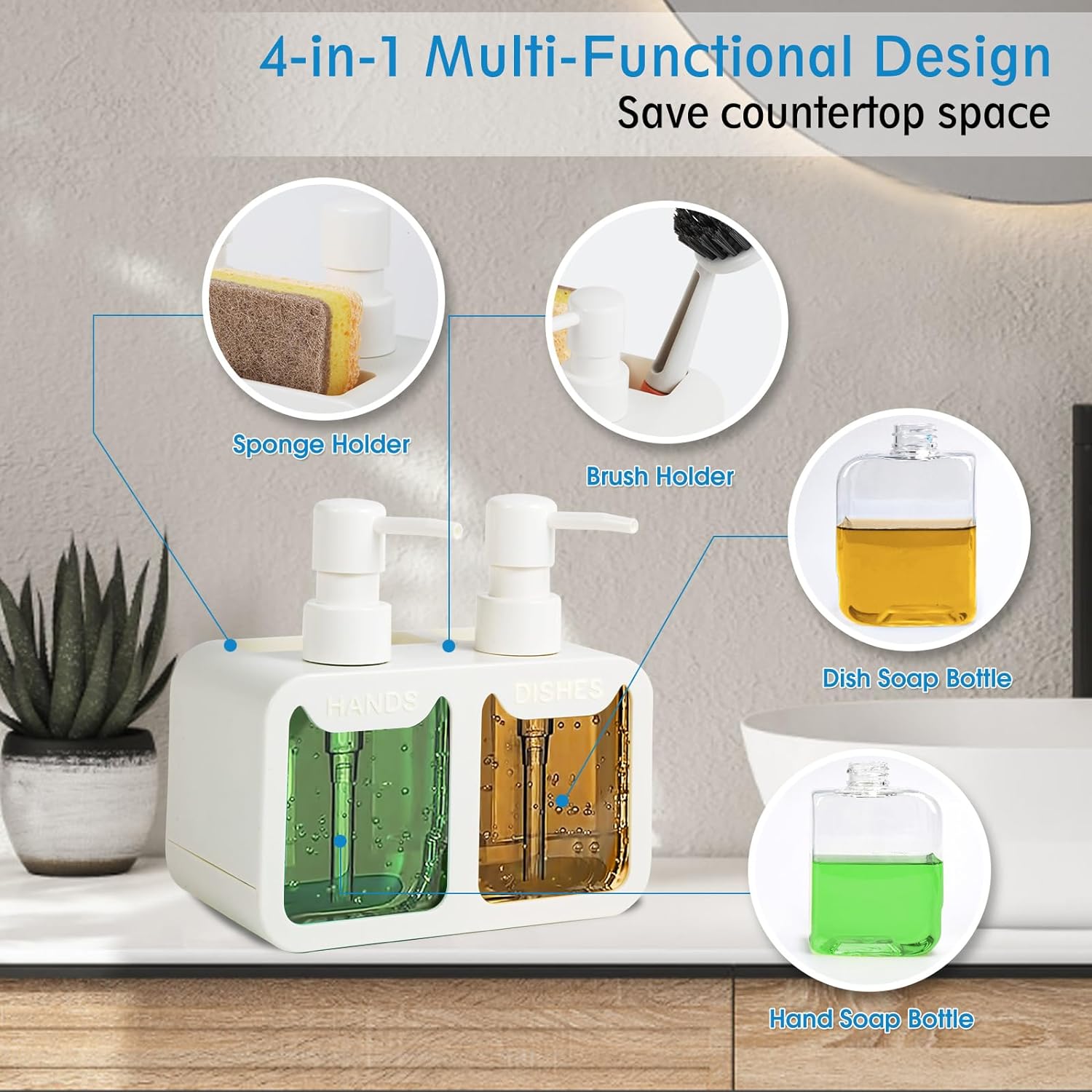 Juego de dispensador de jabón de cocina, con jabón de manos y platos, organizador de esponja y soporte para cepillo 4 en 1, dispensador de jabón