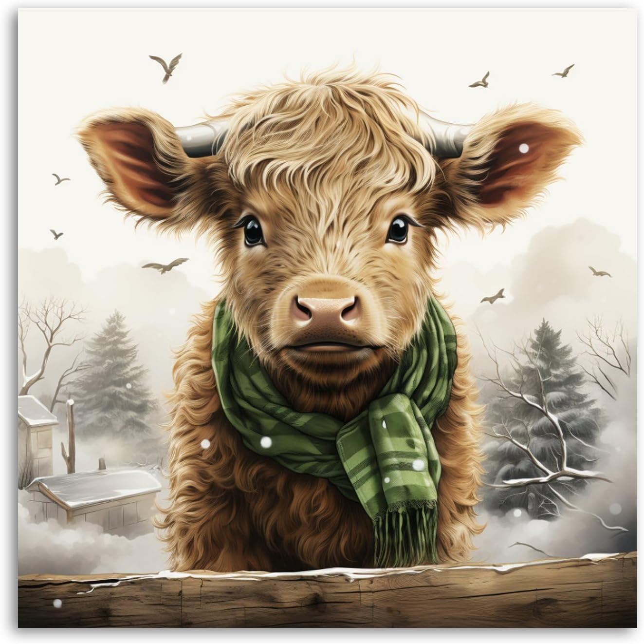 Un becerro de las tierras altas con un sombrero y bufanda de lana a cuadros verdes, póster, pintura decorativa, lienzo, arte de pared, póster de