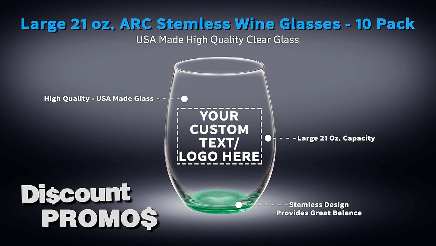 DISCOUNT PROMOS Juego de 10 copas de vino ARC sin tallo, 21 onzas, texto personalizable, logotipo, Chardonnay, Cabernet, Merlot, Sauvignon, verde