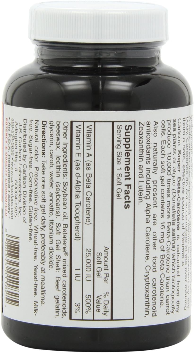 Carlson Labs Super Beta-Caroteno de Dunaliella Salina, 250 cápsulas blandas