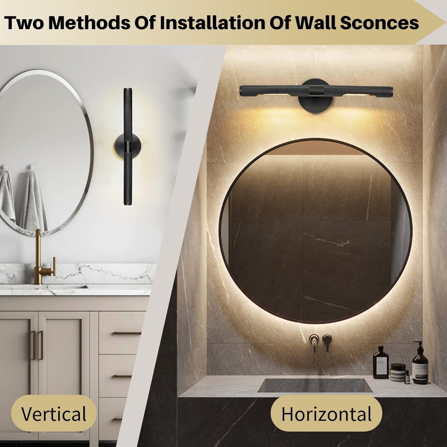 Apliques de pared negros para baño de 19 pulgadas, con textura moleteada, apliques de pared giratorios de cobre puro de 360, aplique de pared para