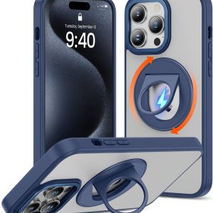 Caka Funda para iPhone 15 Pro Max con soporte, soporte magnético de anillo de 360, grado militar, a prueba de golpes, translúcido, funda trasera Caka Funda para iPhone 15 Pro Max con soporte, soporte magnético de anillo de 360, grado militar, a prueba de golpes, translúcido, funda trasera