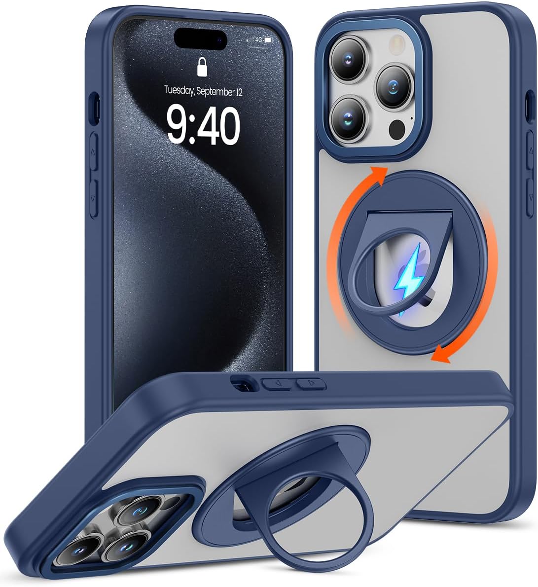 Caka Funda para iPhone 15 Pro Max con soporte, soporte magnético de anillo de 360, grado militar, a prueba de golpes, translúcido, funda trasera