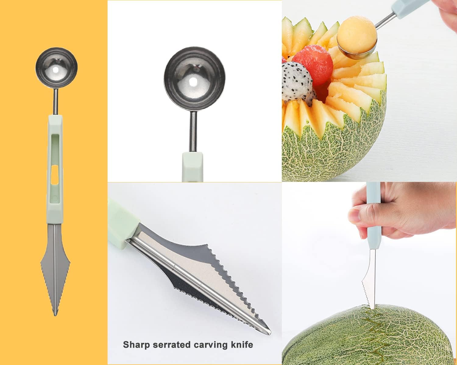 Melon Baller Scoop Set, profesional 6 en 1 cortador de sandía de acero inoxidable cortador de sandía herramientas de tallado de frutas, cortadores