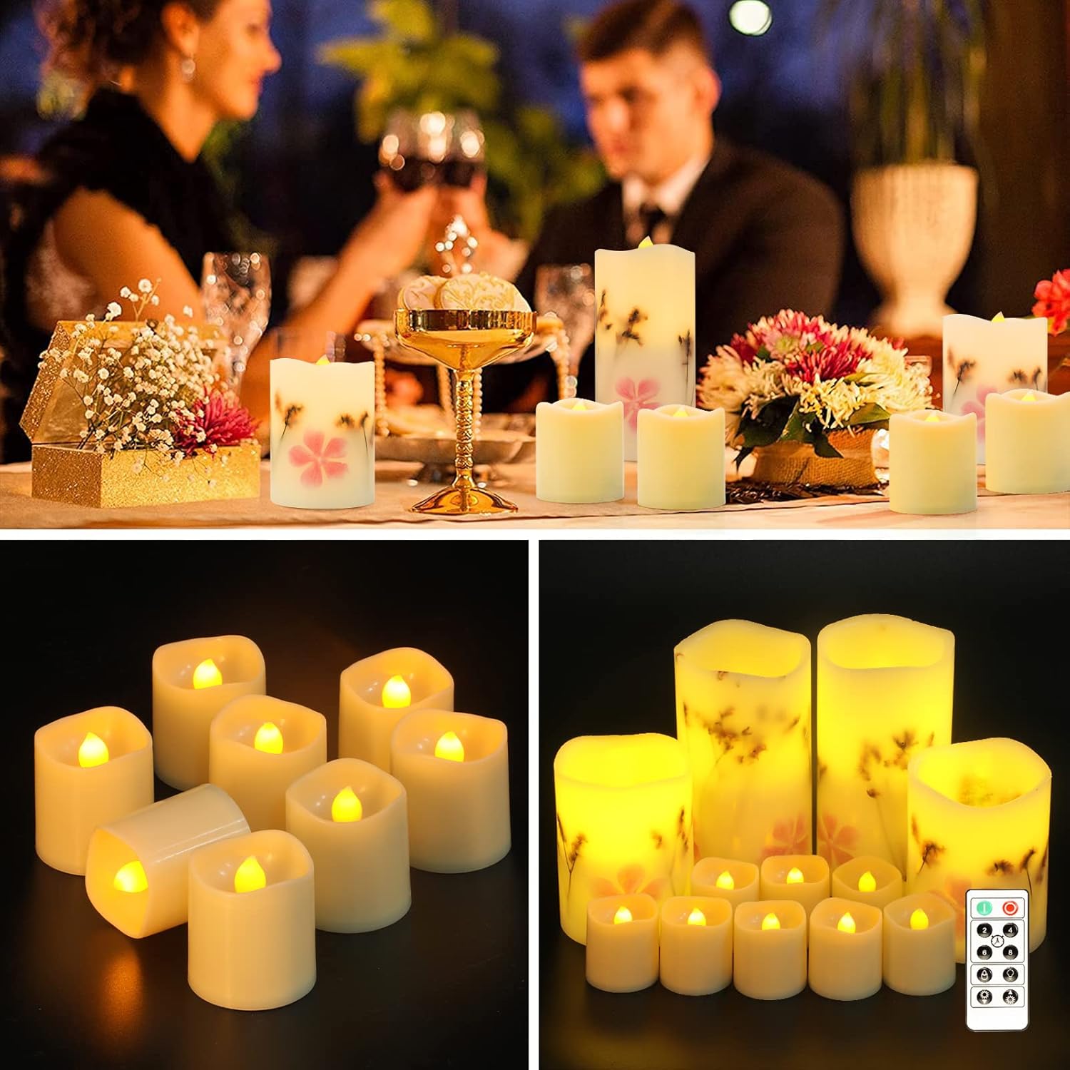 Velas sin llama con control remoto, paquete de 12 velas a pilas, velas parpadeantes sin llama con flores secas incrustadas, velas LED eléctricas de