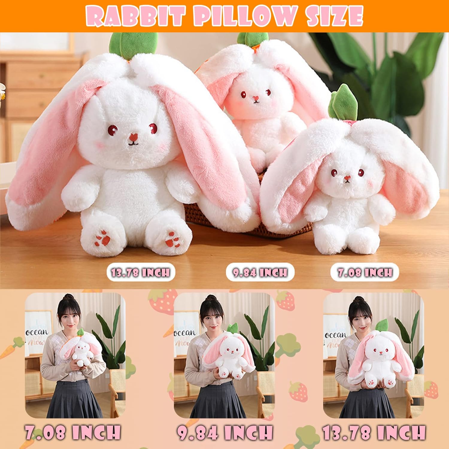 EOMKO Peluche de conejo, almohada reversible de conejo, zanahoria y fresa, con cremallera, juguete de felpa suave con zanahoria y fresa, juguete de