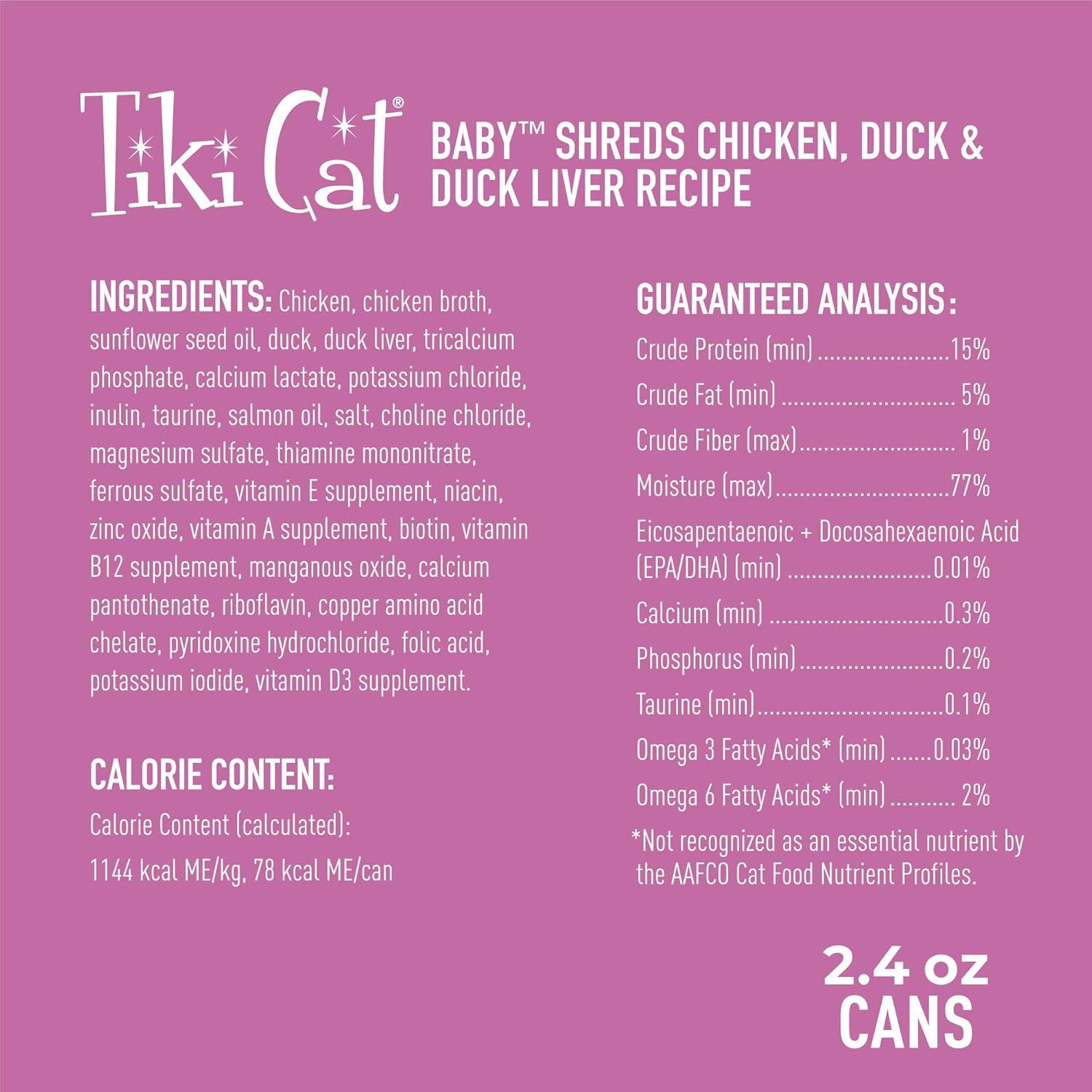 Tiki Cat Baby, mousse de hígado de pato y pato, alto en proteínas y sabroso, alimento húmedo para gatos para gatitos de 4 semanas Plus, latas de 2.4
