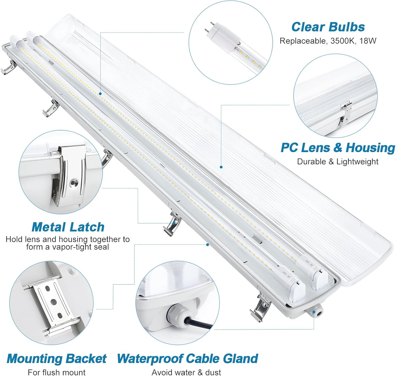 BRILLIHOOD Lámpara LED a prueba de vapor de 4 pies, 36 vatios, 4000 lm, 3500 K (blanco cálido), cubierta transparente, IP65 impermeable de 4 pies de