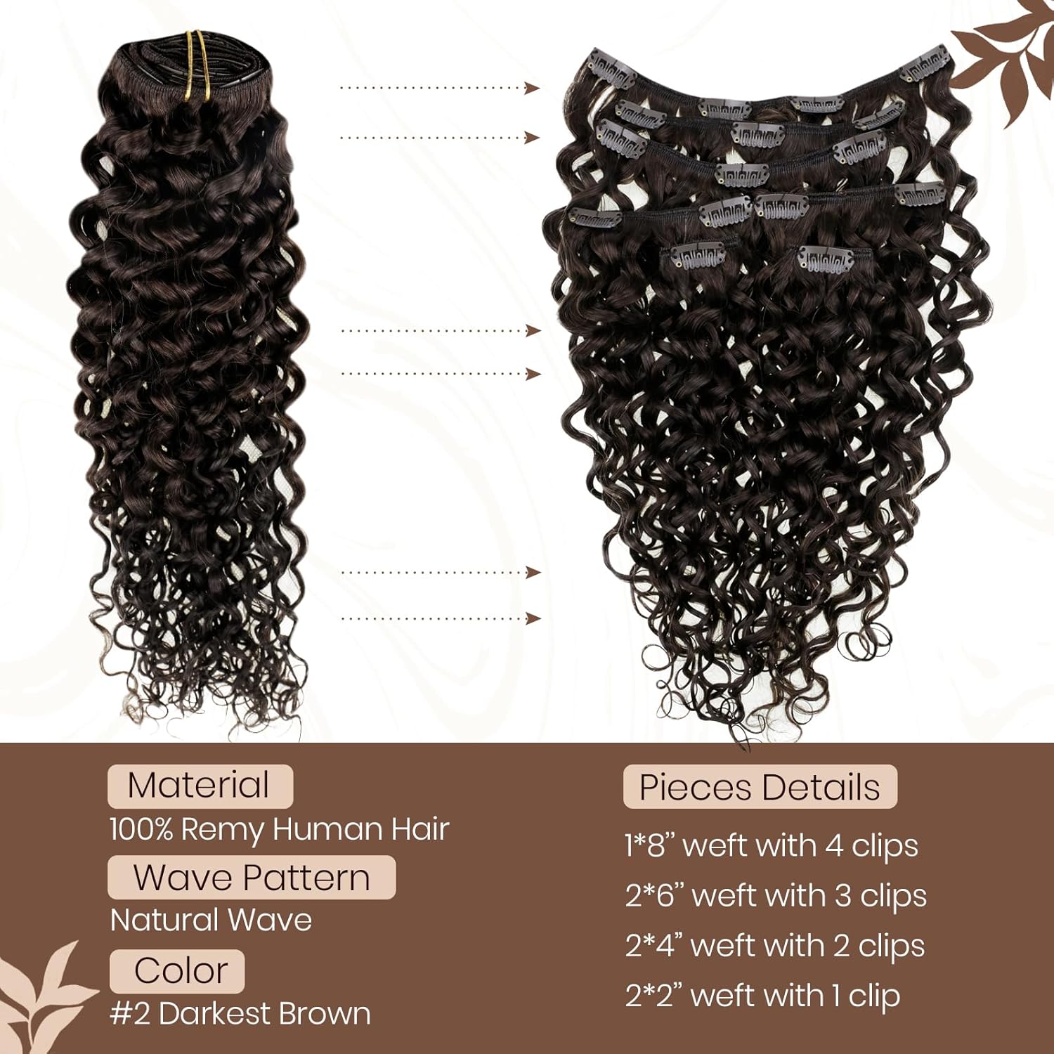 Hetto – Extensiones de cabello humano rizado, color #2 castaño oscuro, cabello humano con clip para cabeza completa, extensiones onduladas