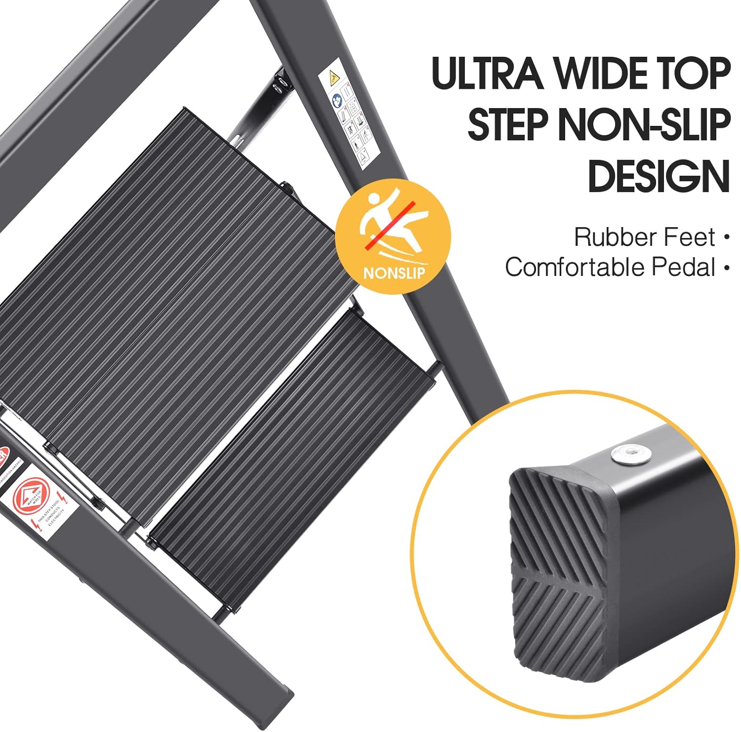KINGRACK Escalera de escalón, 2 escalones, escalera plegable con pasamanos, escalera doméstica antideslizante con seguridad plegable, taburete de