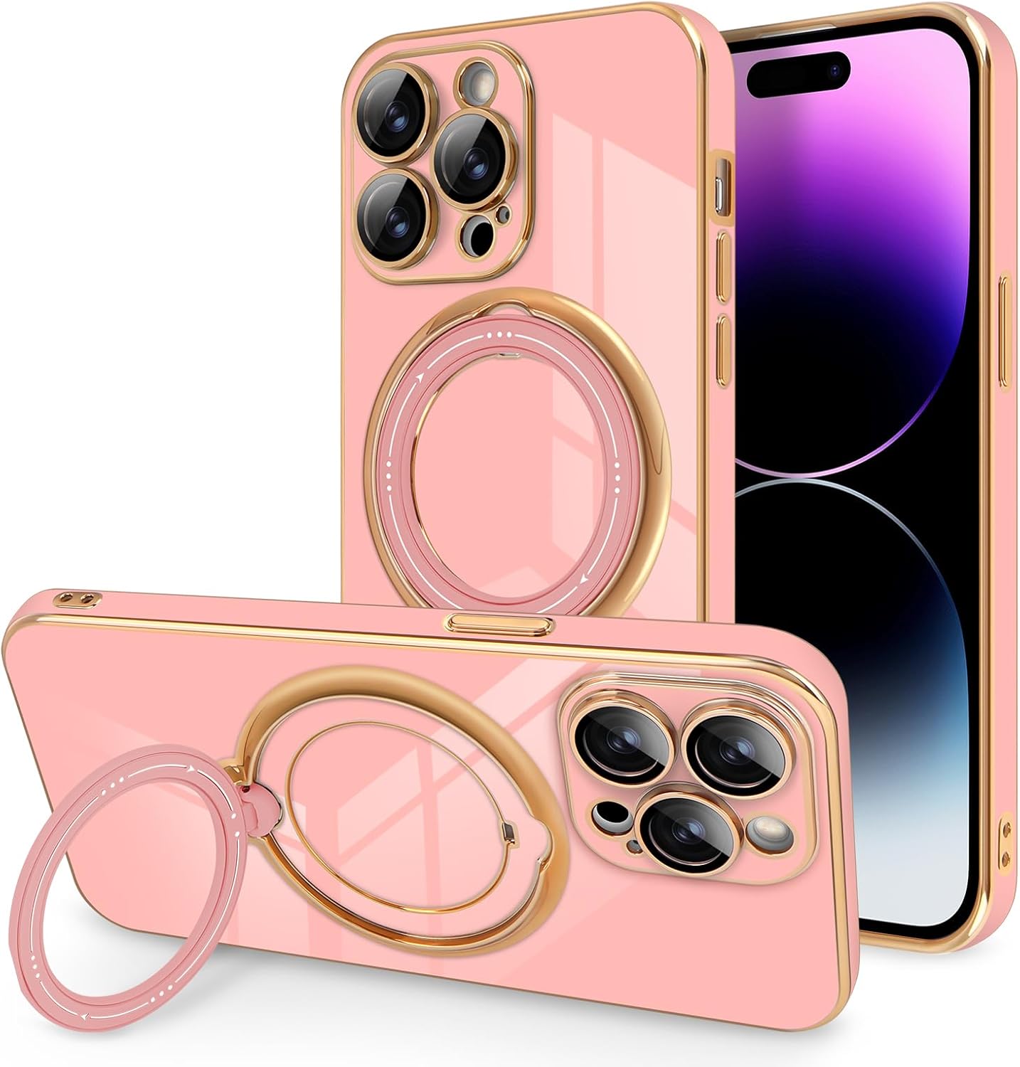Newseego Funda para iPhone 14 Pro Max, funda de lujo con borde chapado con soporte magnético giratorio de 360 invisible para mujeres, niñas y