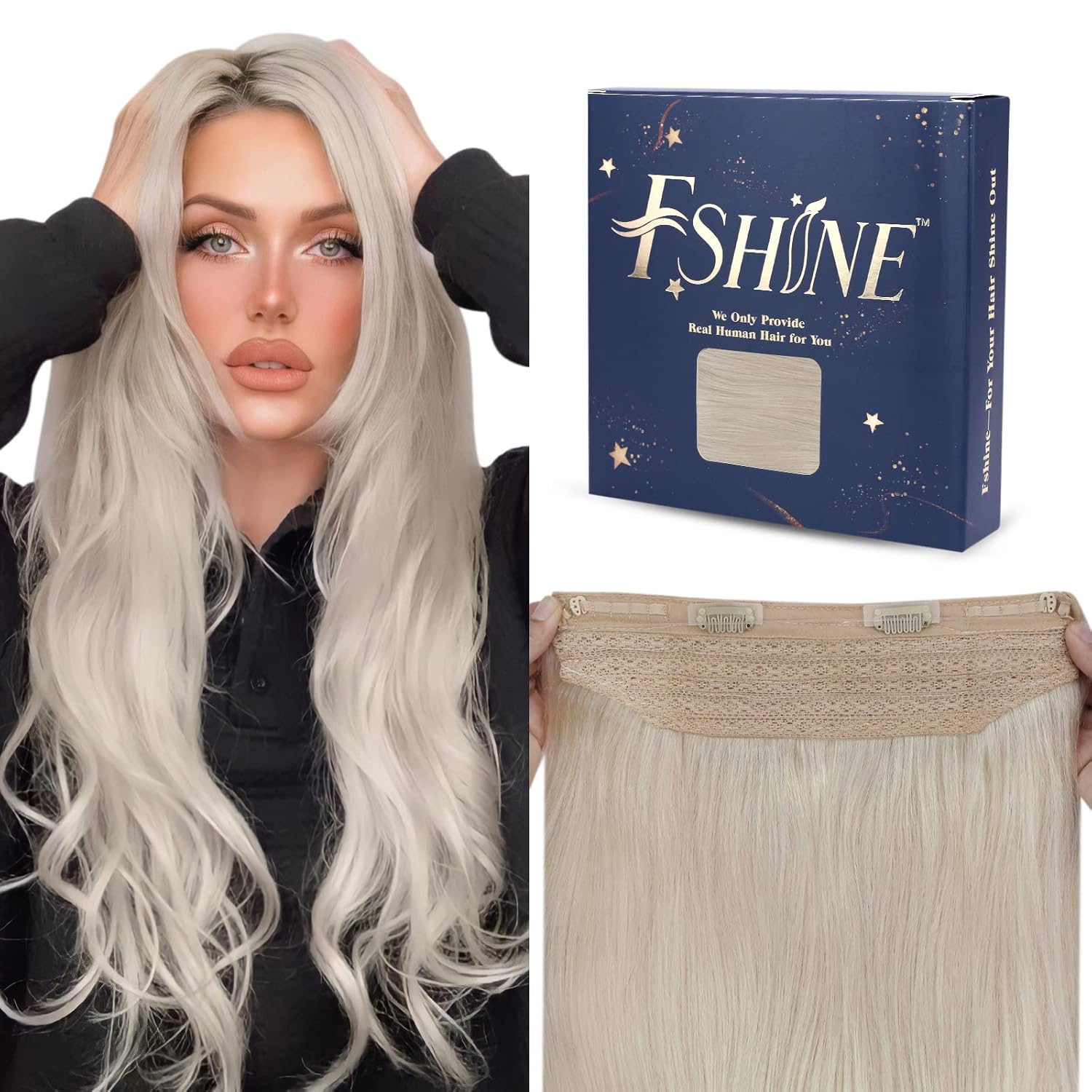 Fshine Extensiones de cabello humano Remy con alambre #1000, extensiones de cabello humano rubio blanco #1000, 18 pulgadas, 2.82 oz, extensiones de