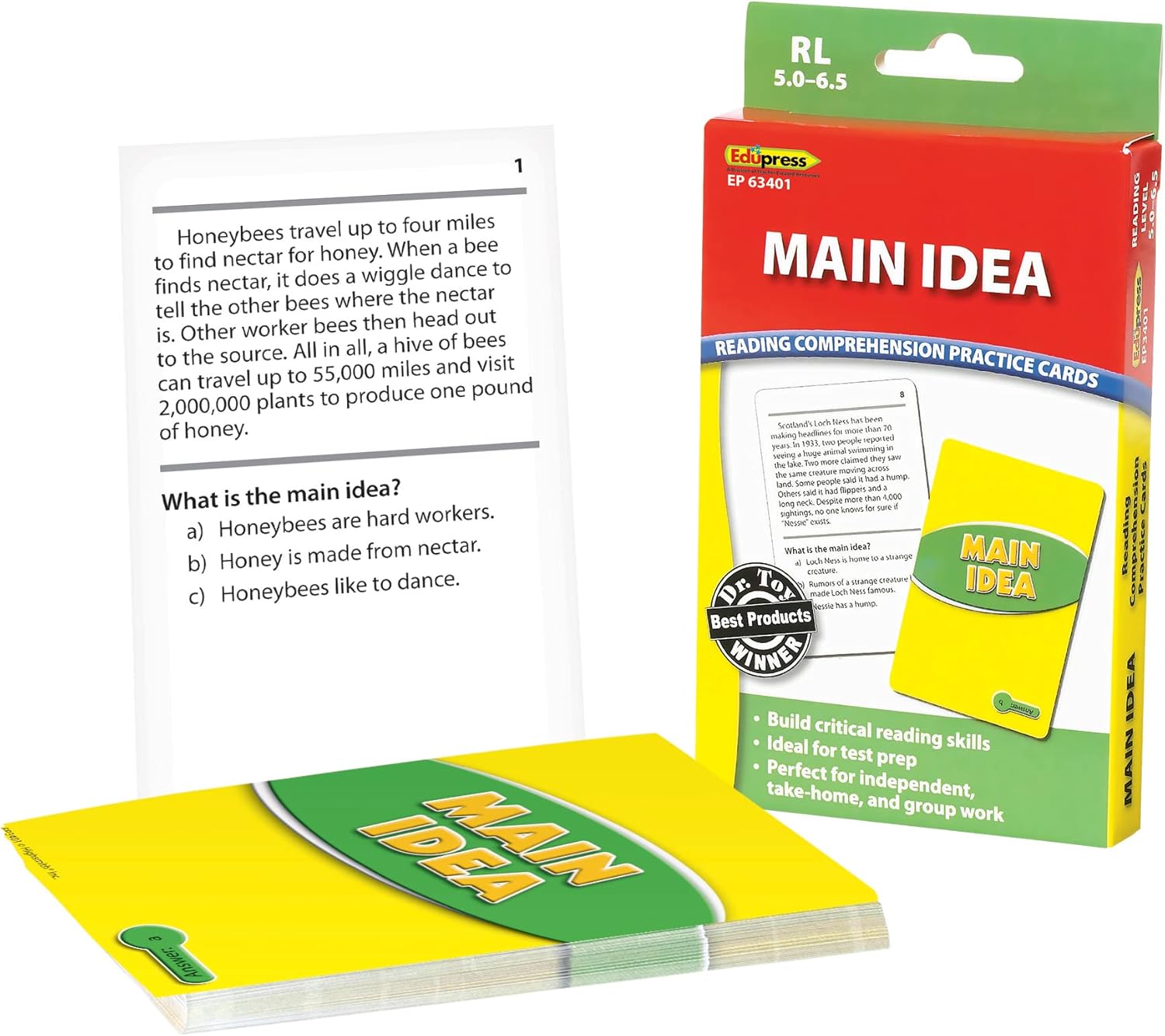 Edupress Tarjetas de práctica de comprensión de lectura, idea principal, nivel verde (EP63401) mediano