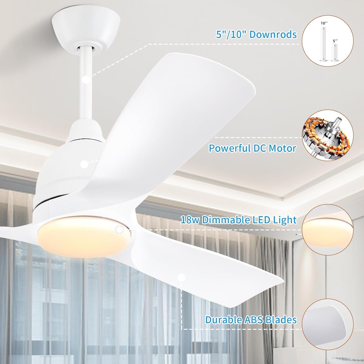 Ventilador de techo con control remoto de luces, ventilador de techo inteligente de 54 pulgadas, motor de CC reversible ETL de 35 W, luz LED