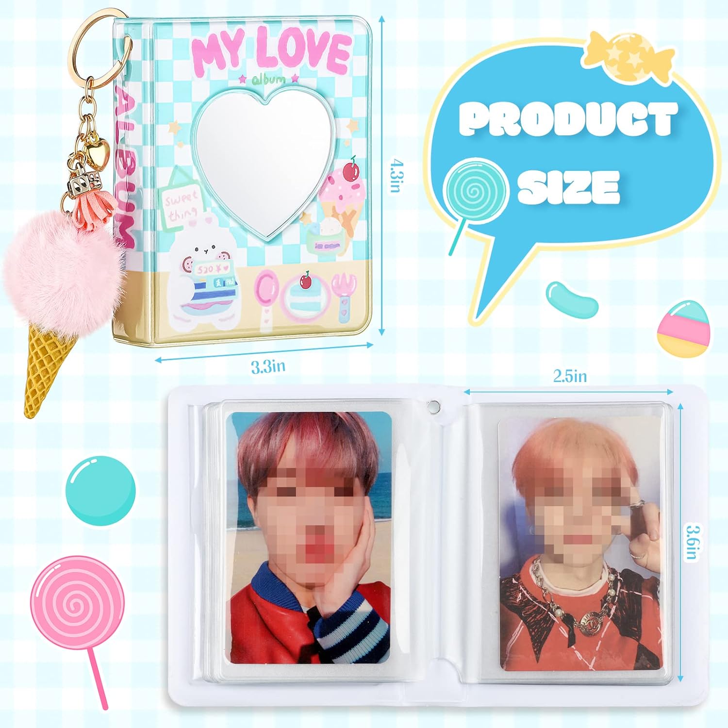 Juego de 3 mini álbumes de fotos de 3 pulgadas, carpeta Kpop para tarjetas fotográficas Kpop, álbum Kpop con colgante y llavero para coleccionar
