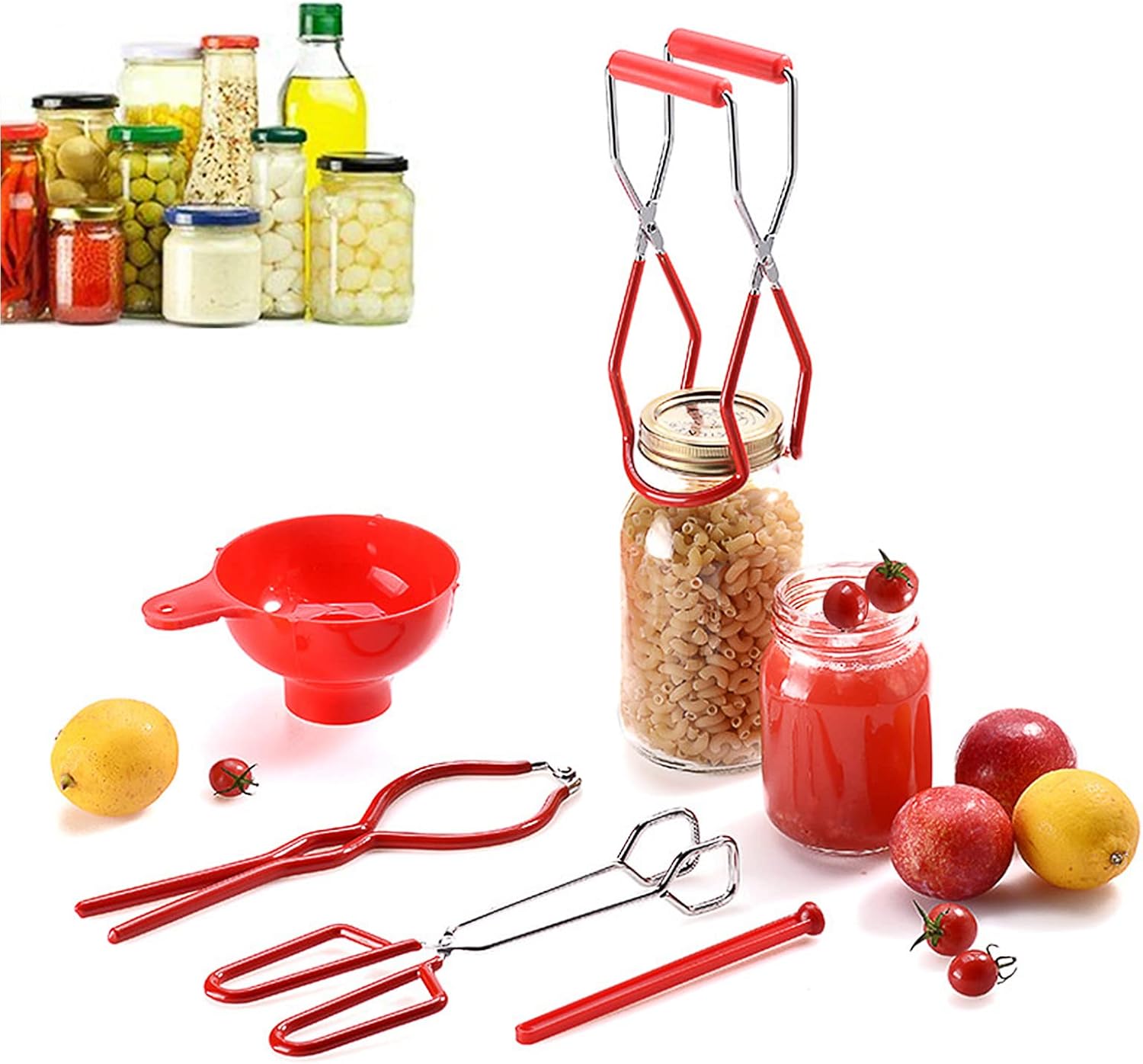 Kit de conservas de 5 piezas, incluye pinzas, embudo de boca ancha, elevador de tarros, llave de tarro, elevador de tapa magnética, clip