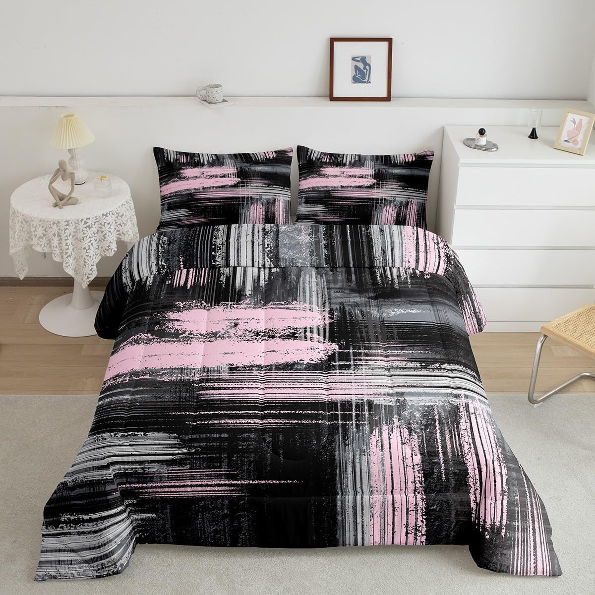 Feelyou Juego de edredón abstracto rosa y negro tamaño Queen, juego de edredón geométrico artístico con graffiti abstracto, juego de ropa de cama