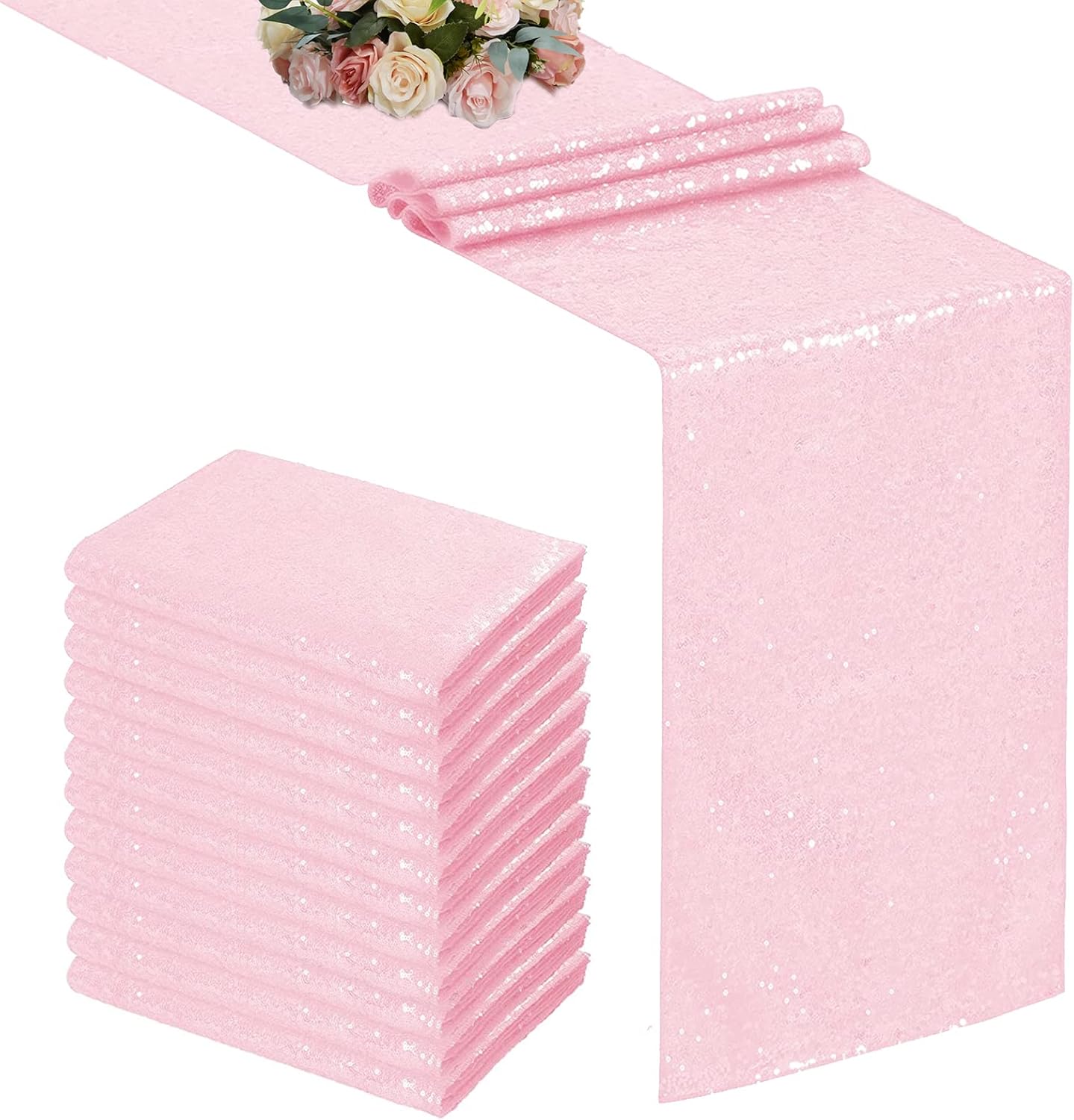 WISPET Camino de mesa de lentejuelas rosas de 12 x 108 pulgadas, paquete de 12 caminos de mesa rectangulares de lentejuelas con purpurina para
