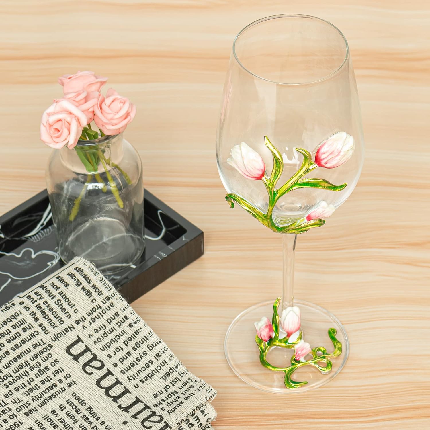 Simcat Copas de vino pintadas hechas a mano del vidrio de la flor del esmalte transparente refinado copa, tallo para cabernet, regalos