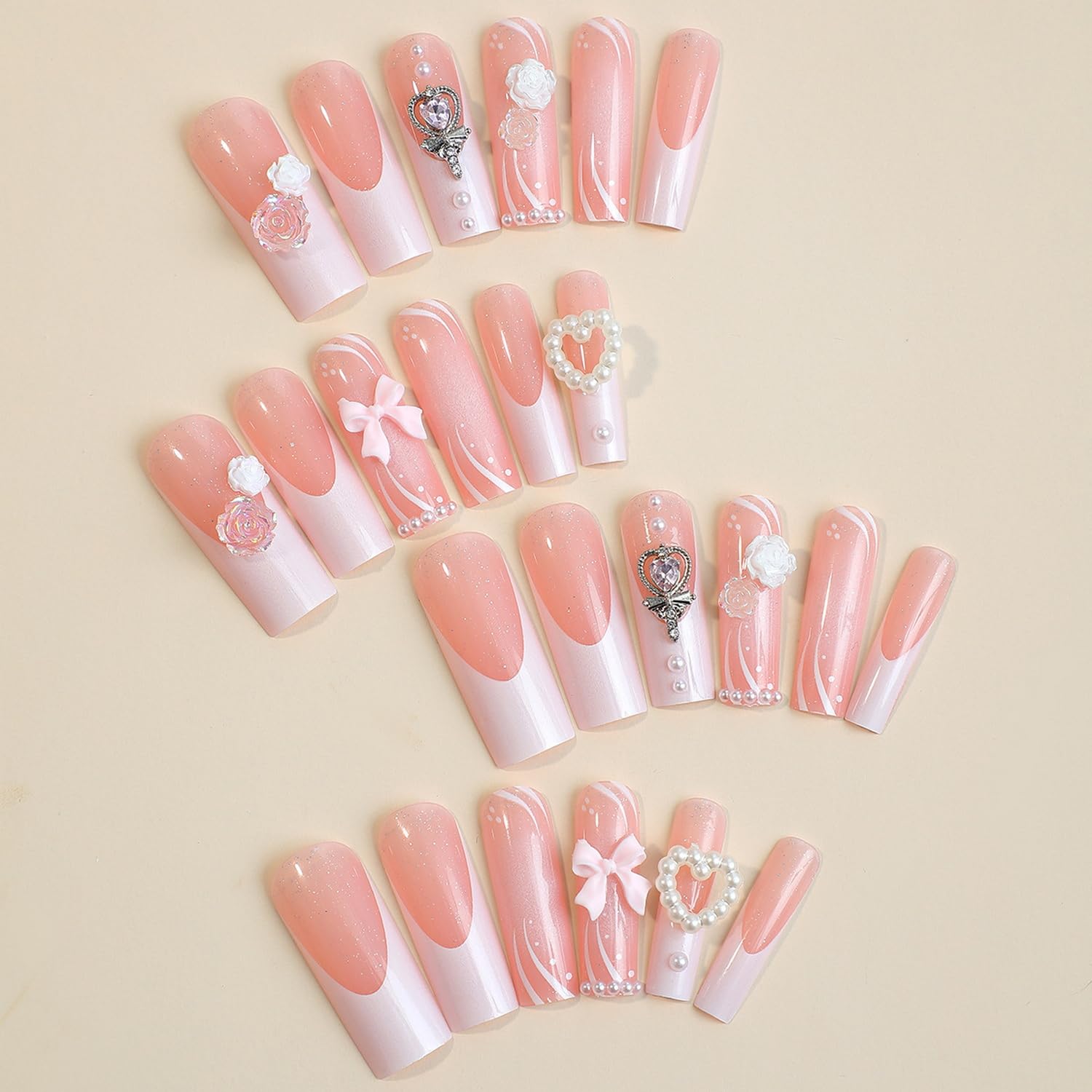 24 uñas postizas largas a presión con punta francesa con lazo de encanto, diseños de camelia, uñas adhesivas de cobertura completa, uñas adhesivas