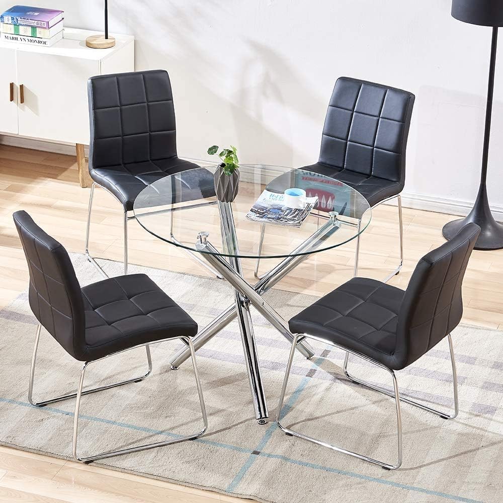 Mesa de comedor de cristal, mesa de comedor redonda de vidrio con tapa de vidrio templado transparente, mesa de comedor moderna, mesa de café de té