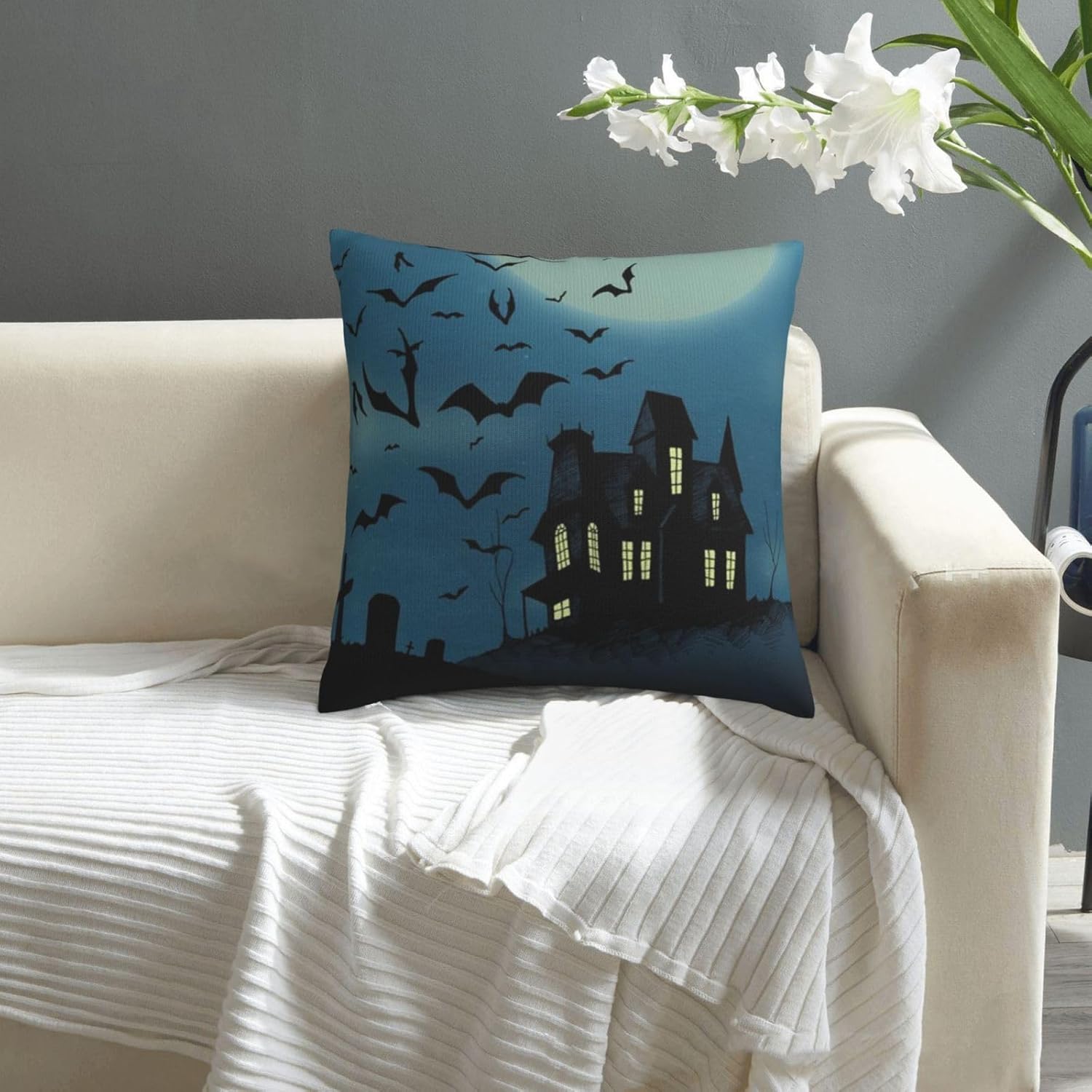 Funda de almohada de 18 x 18 pulgadas, decoración de fiesta de Halloween, sofá, almohada de caricatura, murciélago y calabaza