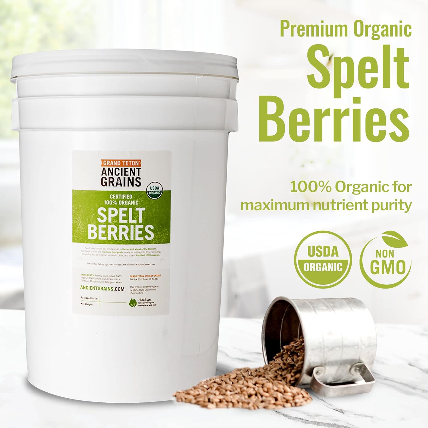 Grand Teton Ancient Grains – Bayas de espelta 100% orgánicas, espelta de grano orgánico Farro cultivada en Estados Unidos en un súper cubo de 6