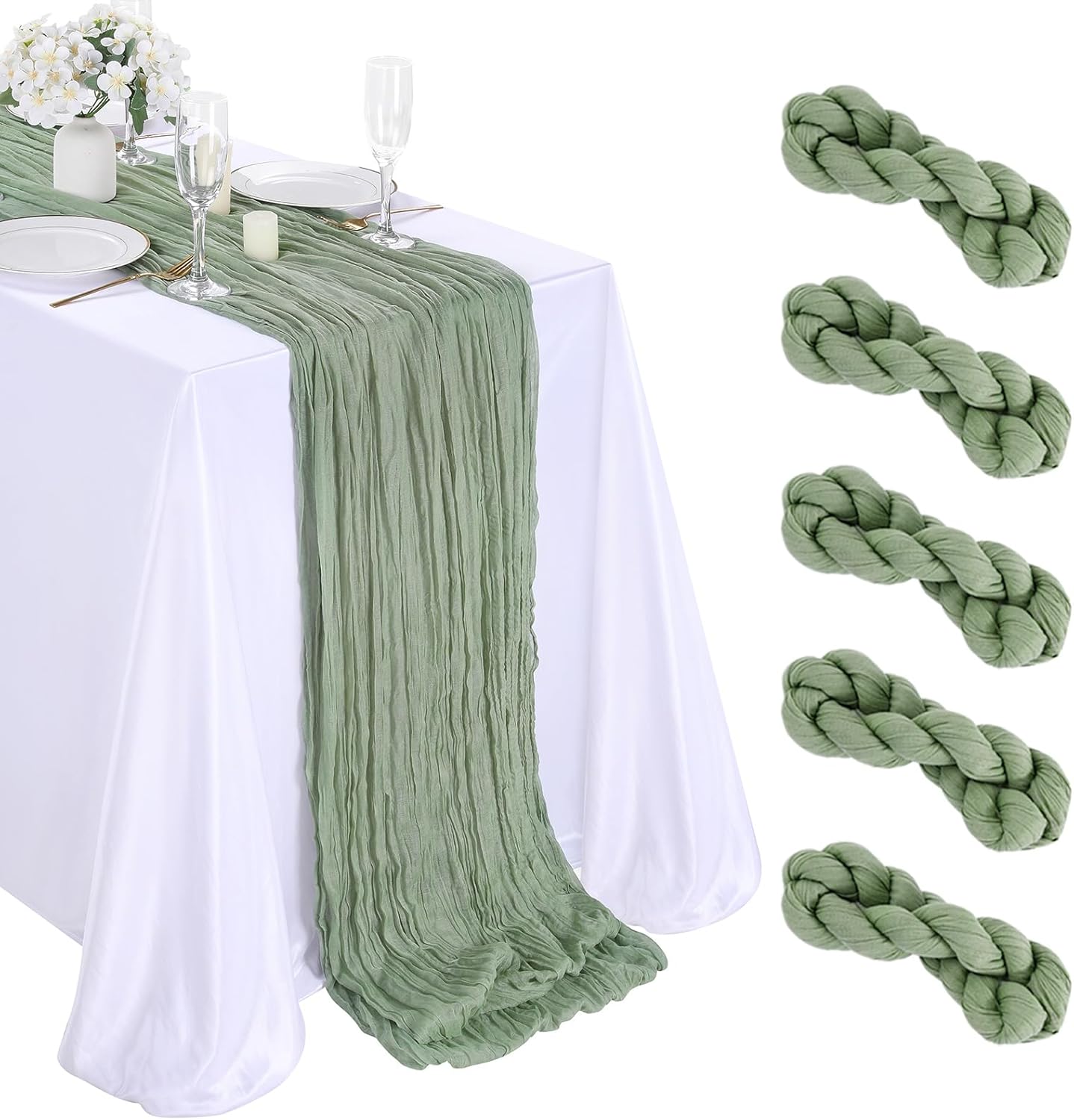 Camino de mesa de estopilla verde salvia, paquete de 5 caminos de mesa de gasa bohemia de 10 pies para boda, despedida de soltera, decoración de