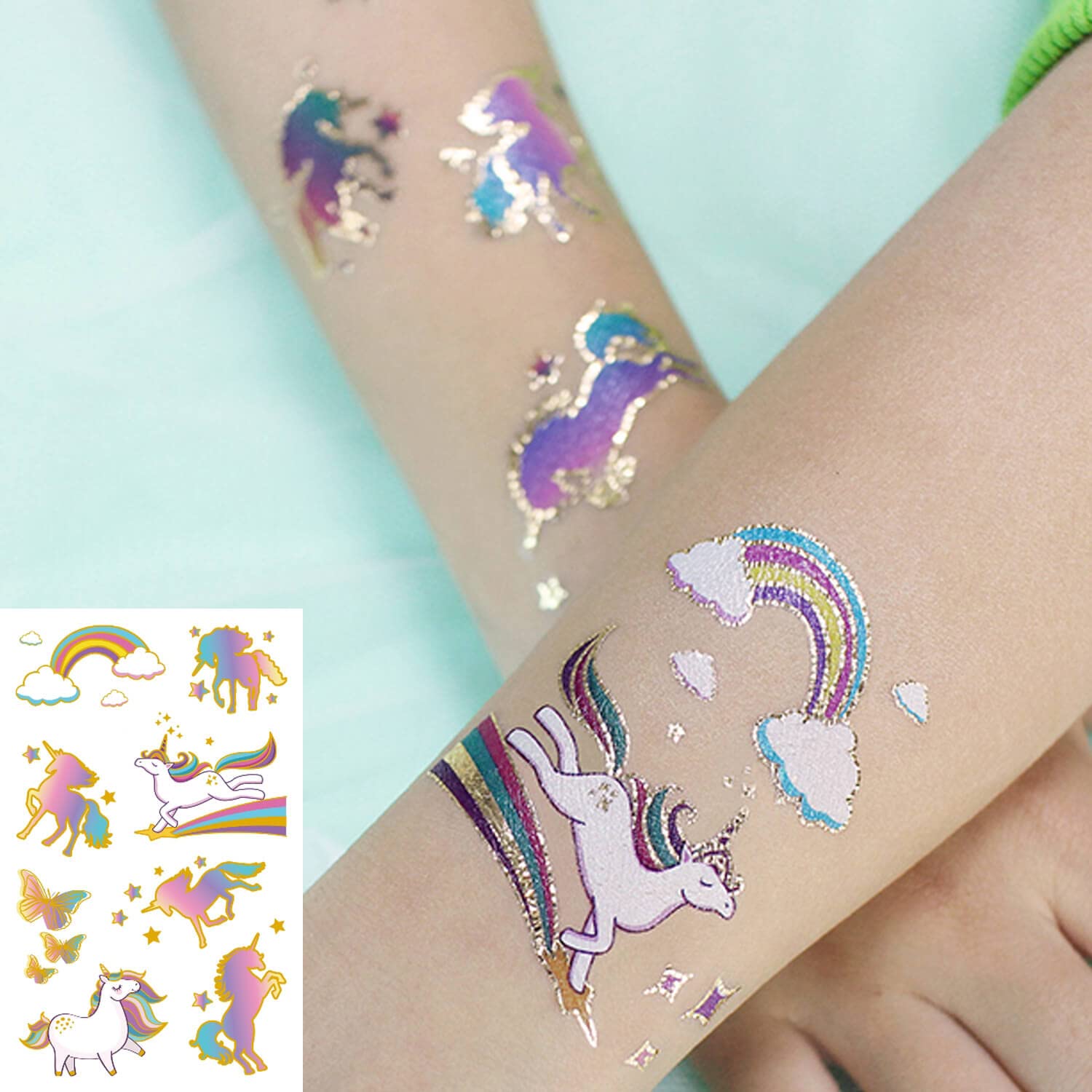 Yarlilyan 60+ Tatuajes de unicornio metálico dorado colorido de dibujos animados para recuerdo de fiesta de cumpleaños, calcomanía de tatuaje