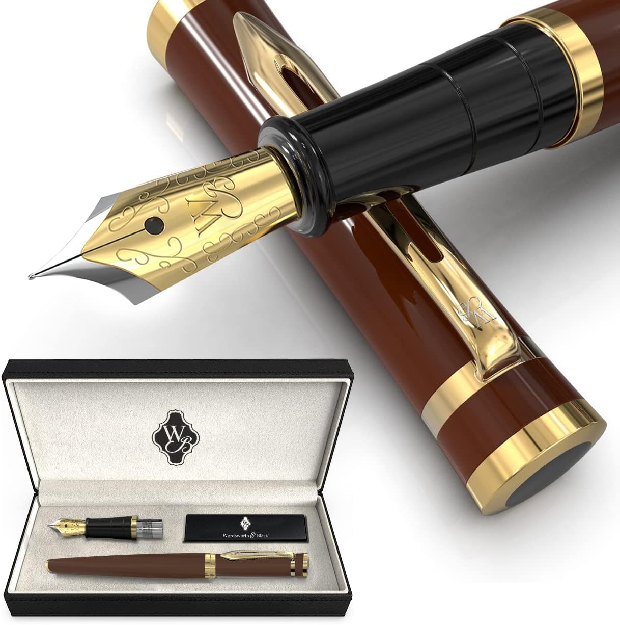 Wordsworth & Black Juego de pluma estilográfica, puntas medianas y extrafinas doradas de 18 quilates, 6 cartuchos de tinta y convertidor de recarga,