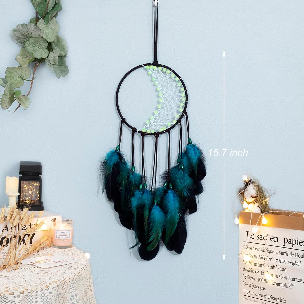 Atrapasueños con cuentas luminosas, atrapasueños azul hecho a mano, decoración de dormitorio para niños y niñas, adorno para regalo de manualidades